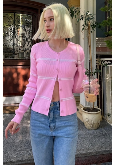 Madmext Pembe Çizgili Kadın Triko Hırka Mg2481 Pembe