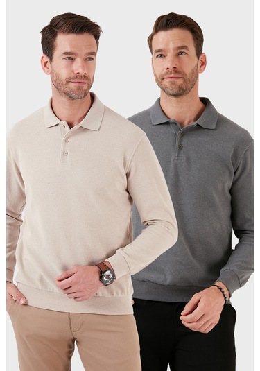 Buratti Pamuk Karışımlı Regular Fit 2'Li Paket Erkek Polo Yaka Kazak 456223S2 Bej-Koyu Gri