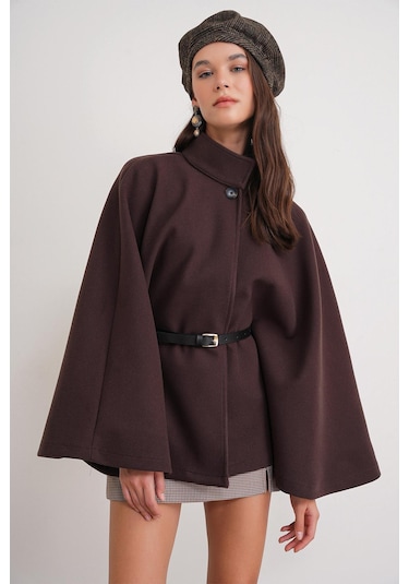 4768 Kadın Kemerli Panço Premium Kaşe Ceket Kahve Kahve