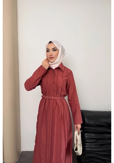Mihran Butik Quenn Model Coupra Model Kumaş Kemer Detaylı Elbise Kiremit