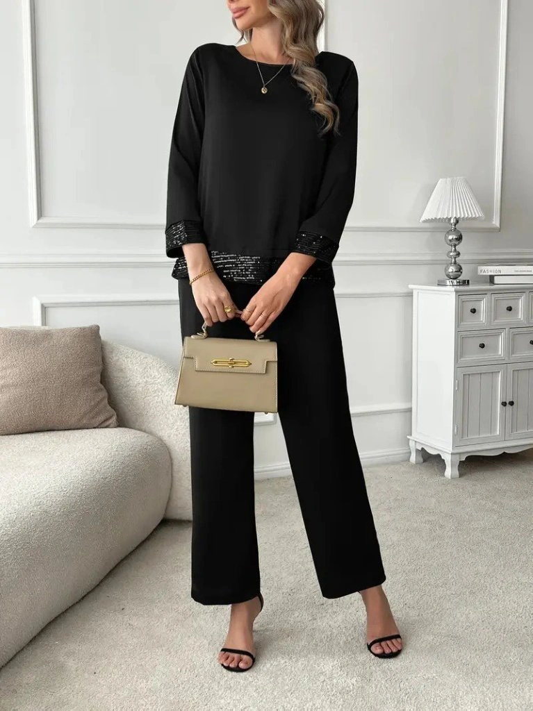 Nova Bazaar Kadın Uzun Kollu Bisiklet Yaka Pulpayetli Viskon Iki Iplik Bluz Ve Pantolon Ikili Takım Siyah