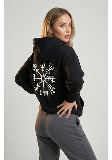 Nevermind Unisex Vegvisir Pusula Baskılı Sevgili Kombini Oversize Hoodie Seti Siyah