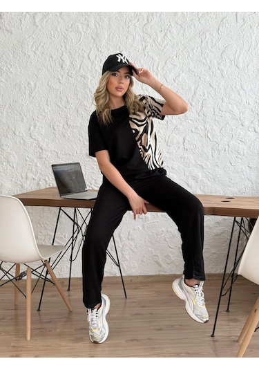 Ahes Shopping Kadın Bisiklet Yaka Kısa Kol Leopar Desen Bluz Ve Pantolon Ikili Takım Siyah