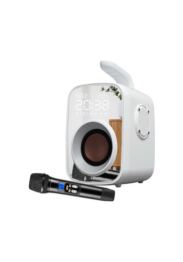 Mikrofonlu Kablosuz Bluetooth Hoparlör Kulplu, Aynalı 11w Güçlü Hi-fi Sesi, Dijital Saat Ve Fm Radyo