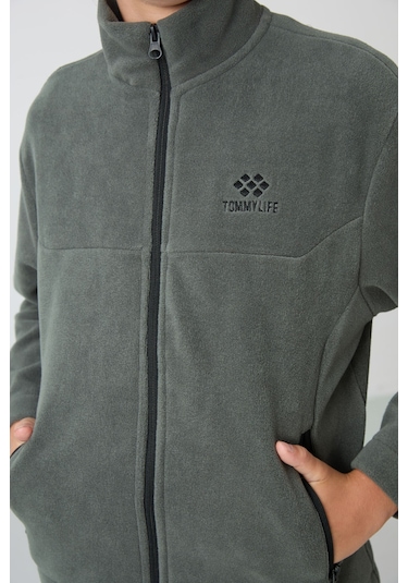 Haki Kalın Yumuşak Dokulu Standart Fit Nakışlı Polar Erkek Çocuk Sweatshirt - 11223 Haki