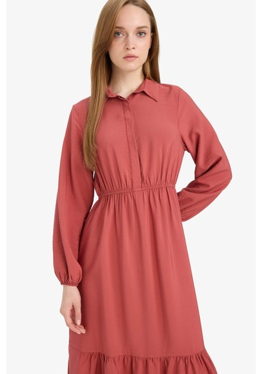 Defacto Gömlek Yaka Beli Büzgilü Uzun Kollu Maxi Elbise D5851ax25spog355 Turuncu