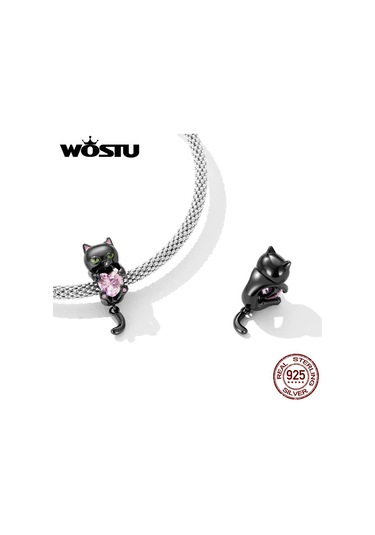 Wostu 925 Ayar Gümüş Sevimli Küçük Siyah Kedi Takılar Boncuk Pembe Kalp Zirkon Kadınlar İçin Fit Orijinal Dıy Bilezik Takı Hediyeler Siyah - Gümüş