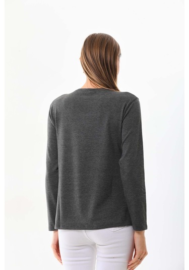 Sistas Kadın Desenli Bisiklet Yaka Uzun Kollu Bluz 23636 Antrasit