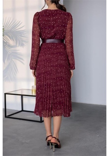 Neşeli Butik Kadın Kemerli Puantiye Desenli Şifon Elbise Nbmy3286 Bordo