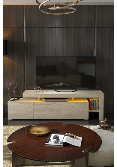 Luma Led Işıklı Tv Ünitesi Traverten