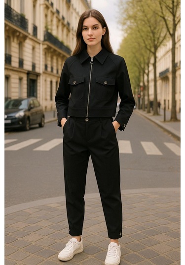 Siyah Gömlek Yaka Fermuarlı Kadın Alt Üst Takım Şık Ve Rahat Günlük Kombin Çok Renkli