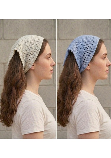 Mavi Renkli File Model Bandana, El Yapımı Örgü Bandana Mavi - Gümüş