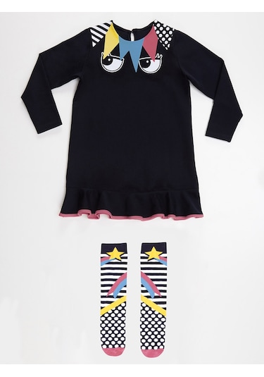 Denokids Mshb&g Perçem Fırfırlı Lacivert Kız Çocuk Elbise + Dizaltı Çorap Çok Renkli