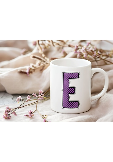 E Harfi Mor Puantiyeli Kupa Bardak - Polka Dot Tasarım Kahve Çay Bardak - Kişiye Özel Hediyelik Beyaz