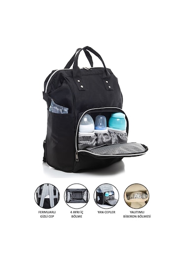 Anne Bebek Bakım Sırt Çantası Siyah Termos Bölmeli Siyah