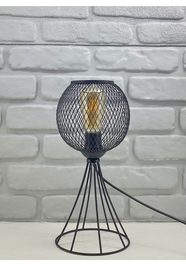 Siyah Metal Tel Ayaklı Hasır Küre Tel Şapkalı Abajur Masa Lambası Siyah