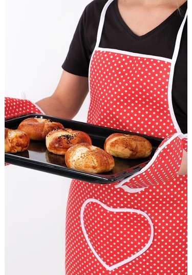 Trendy 3lü Set Sıvı Su Geçirmez Mutfak Önlüğü Isıya Dayanıklı Fırın Eldiveni Ve Tutacak Çeyiz Seti Kırmızı Puantiye