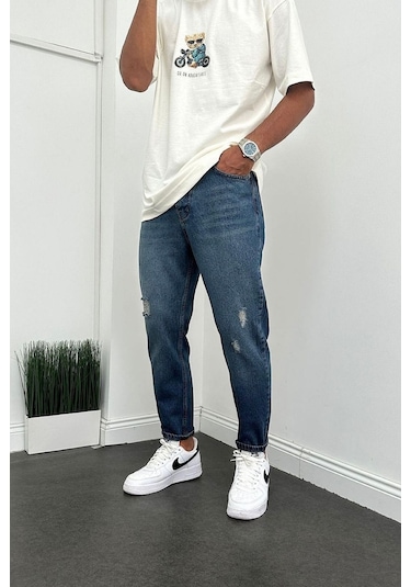 Boyfriend Koyu Mavi Taşlamalı Yırtık Modelli Kot Erkek Pantolon Koyu Mavi