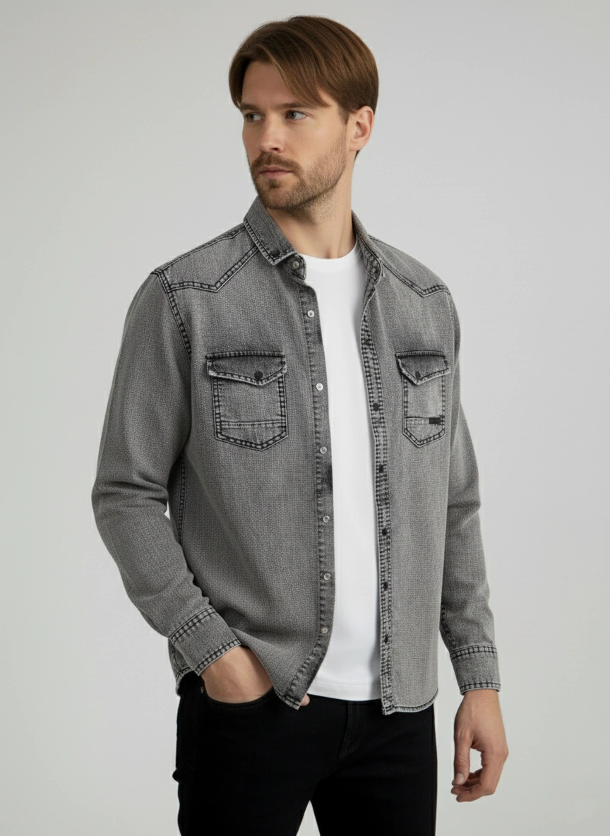 Erkek Gömlek Slim Fit Yıklamalı Kot Gömlek Gri