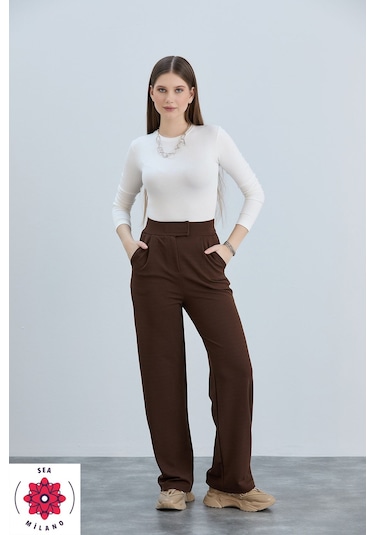 Kadın Gri Cırt Cırtlı Kapama Rahat Palazzo Likralı Esnek Beli Lastikli Pantolon Yüksek Bel Kahverengi