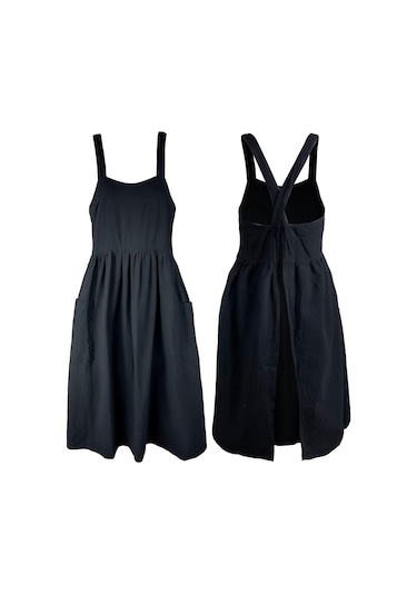 Kadınlar İçin Cepli Pamuklu Keten Önlük Çapraz Sırtlı İş Önlüğü Pin Saf Siyah Diğer