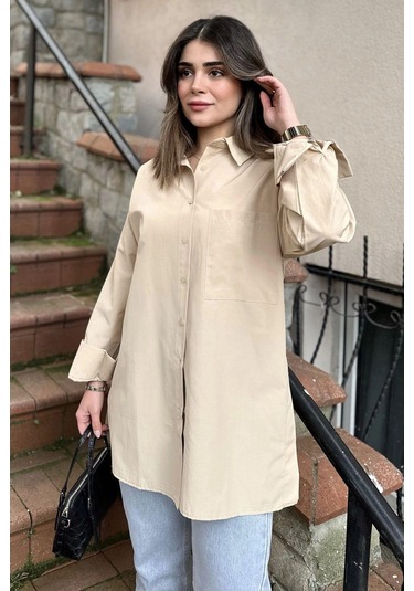 Kadın Bej Terikoton Kumaş, Yırtmaçlı, Rahat Uzun Gömlek Bej