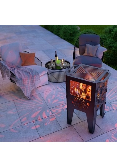 Kelebek Desenli Dekoratif Kare Mangal Portatif Ateş Çukuru Siyah