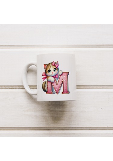 M Harfli Bardak, Sevimli Kedili Pembe Tasarım Bardak, Arkadaşa Aileye Hediye Porselen Beyaz