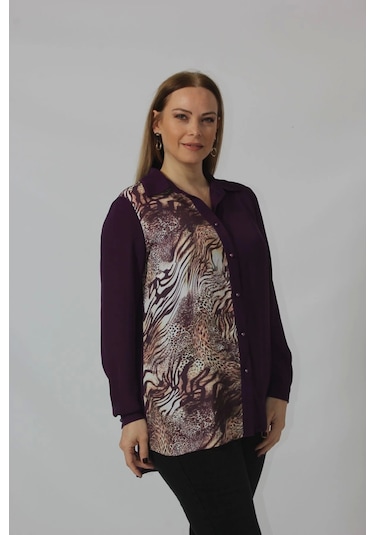 Moda Berray 2320 Leopar Desenli Şifon Gömlek Mürdüm