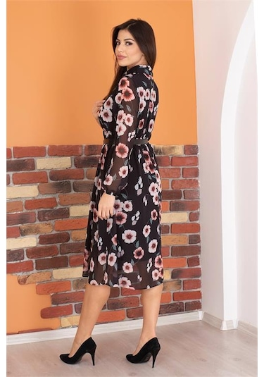 Neşeli Butik Kadın Gömlek Yaka Kemerli Çiçek Desenli Şifon Elbise Ry0031 Mor