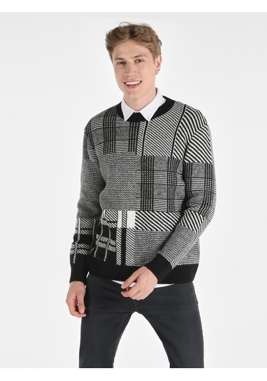 Colins Regular Fit Bisiklet Yaka Kareli Siyah Erkek Kazak Cl1065744 Siyah