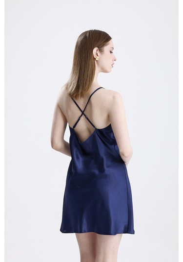 Laperissa Kadın Lacivert Dantelli Gecelik İp Askılı, Şık Ve Zarif Saten Ev Giyim Lacivert