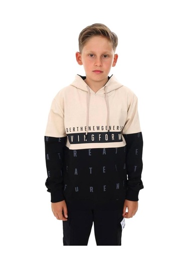 Erkek Çocuk Kapüşonlu Moving Forward Yazılı Harf Desenli Sweatshirt-13385-camel Camel