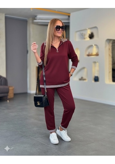 Tua Moda Kadın Uzun Kollu Fermuarlı Şerit Detay Desenli Alt Üst Ikili Viskon Iki Iplik Takım Bordo