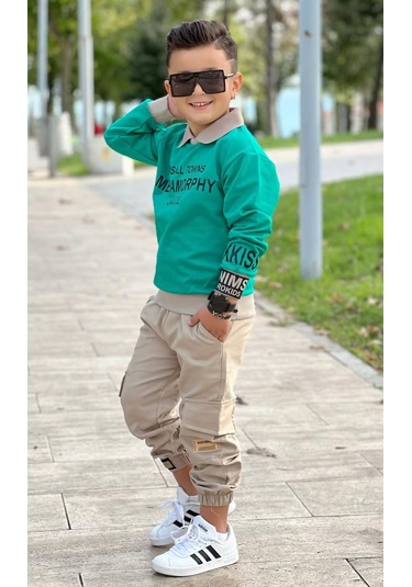Modavals Gömlek Yaka Sweatshırt Ve Gabardin Kargo Pantolon Erkek Çocuk Kombin Yeşil