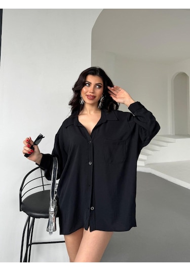 Paw Garage Kadın Flory Ayrobin Oversize Tek Cep Gömlek Siyah