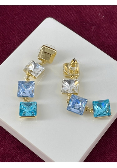 Mavi Tonlarında Üç Kare Şekilli Sallantılı Gold Küpe Gold