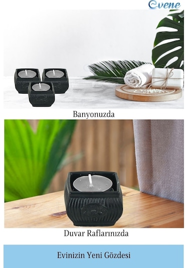 Eskitme Mumluk Şamdan Tealight Mum Uyumlu Mini Çizgili Çiçekli Model - Siyah