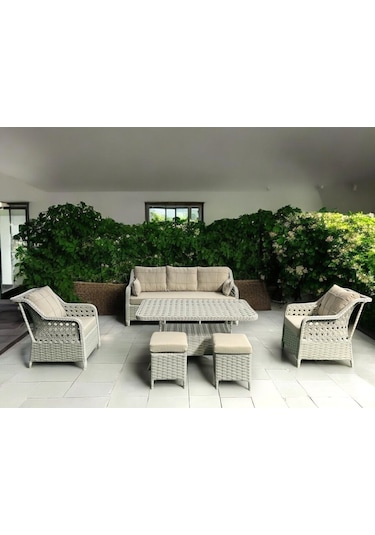 Tu Tienda Ronda Alüminyum 3 1 1 2puf Masa Rattan Bahçe Balkon Mobilyası,rattan Örgü/kumaş Renk Beyaz/vizon Vizon