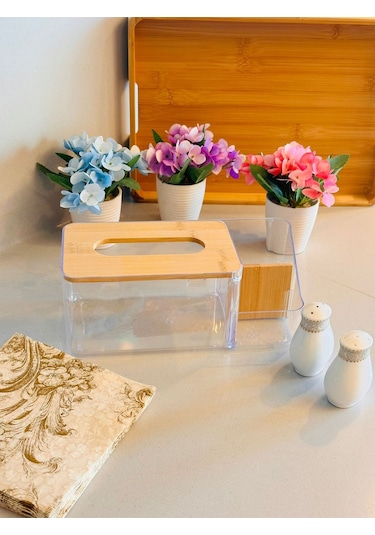 Bambu Kapaklı Plastik Peçetelik Ve Organizer, 25 X 12 X 10 Cm