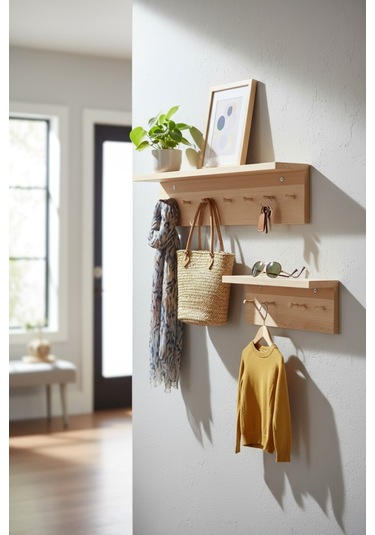 Ahşap Askılık Raflı 70x14 Ve 50x14 Mutfak, Antre, Banyo, Ofis, Mağaza, Çocuk Ve Yatak Odası Meşe