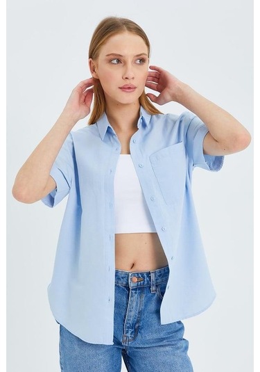 3950 Kadın Oxford Kısa Kollu Basic Gömlek Bebe Mavi Bebe Mavi