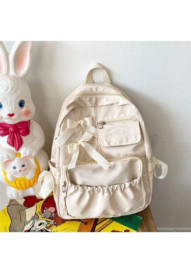 Jeemson Bej Renkli Nylon Çanta, Bow Dekorasyonlu, Çok Bölmeli, Ayarlanabilir Askılı Kemerli, Üniversite/ Günlük Kullanıma Uygun Sırt Çantası Çok Renkli