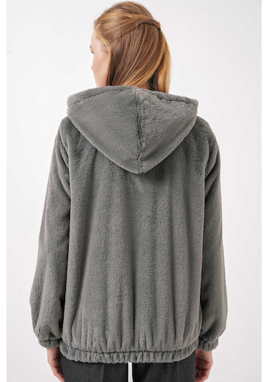 Gabria Kapüşonlu Pelüş Mont Koyu Gri