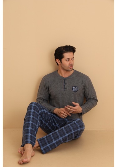 Flkn 7015 İnterlok Kışlık Ekose Pijamalı Erkek Pijama Takımı Füme