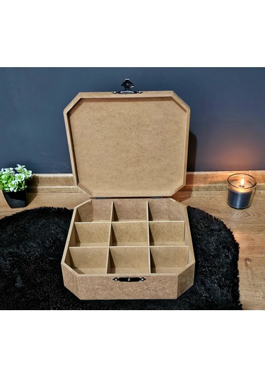 Ahşap Sekizgen Kare Model 9 Bölmeli Aksesuar Kutusu Ham Boyanır