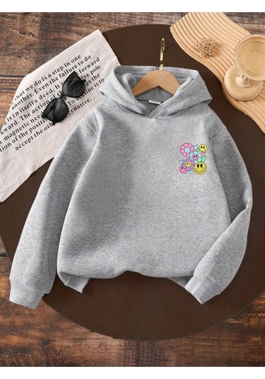 Kışlık Kapüşonlu Sweatshirt, Çocuk Yanda Çiçekler Gülücükler Baskılı Gri