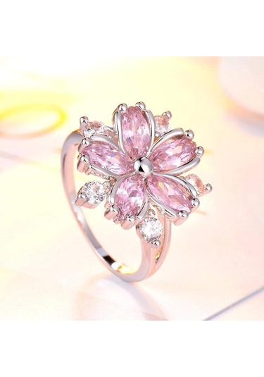 Altın - Pembe Zarif Moda Prenses Alyans Gelin Takı İçin Romantik Çiçeği Pembe Taş Bayan Yüzükler 10 Altın - Pembe