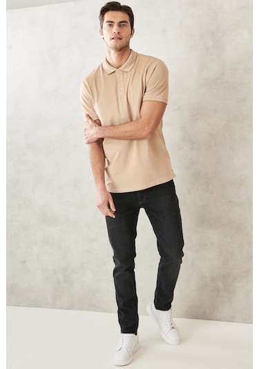 Ac&Co / Altınyıldız Classics 488670661 Düğmeli Polo Yaka Cepsiz Slim Fit Erkek Tişört Bej