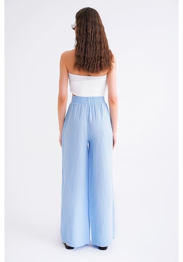 4286 Kadın Bol Paça Beli Lastikli Müslin Palazzo Pantolon Bebe Mavi Bebe Mavi